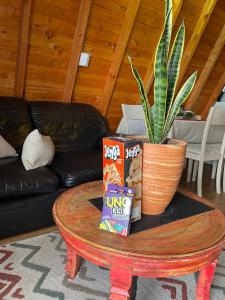 a coffee table with a plant and snacks on it at Lovely two bedroom cabin on avocado farm in Marinilla
