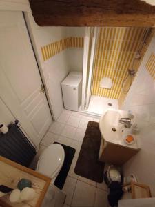 Baño pequeño con aseo y lavamanos en Chaleureuse maison de ville avec parking gratuit, en Chinon