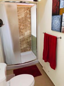 a bathroom with a shower with a toilet and a red towel at Habitación Hermosa a 3 cuadras del Parque de Copán in Copan Ruinas