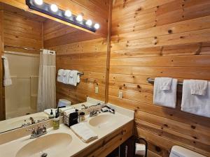 a bathroom with a sink and a mirror at 5 Min To Beaver Lake, King Bed, Fire Pit, Jetted Tub #3 in Eureka Springs +22 photos