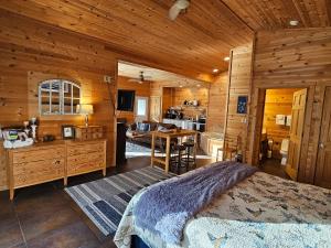 a bedroom with a bed and a kitchen in a cabin at 5 Min To Beaver Lake, King Bed, Fire Pit, Jetted Tub #3 in Eureka Springs