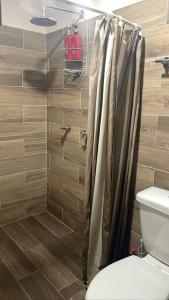 une salle de bain avec douche et toilettes dans l'établissement Cabaña San Agustín Etla, à San Agustín Etla