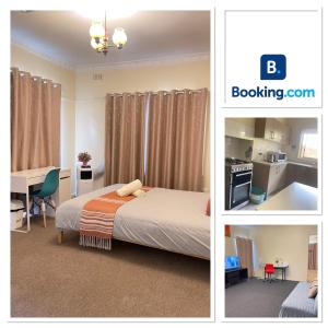two pictures of a bedroom with a bed and a kitchen at Werribee DGH Accommodation in Werribee