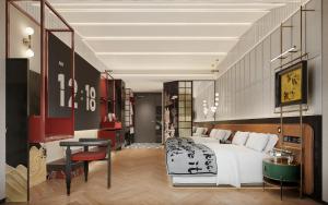 a bedroom with a white bed and a table and a chair at Tang Palace Hotel - Beijing Sanlitun Gongti Store in Beijing