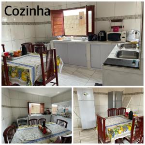 a kitchen with a table and a kitchen with a sink at Casa de ponta de pedras in Goiana
