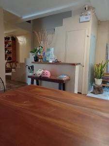 a room with a table and a counter with plants at Laguno Bed And Breakfast Hostel in Moalboal