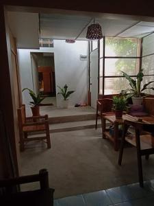 un salon avec des plantes en pot, une table et des chaises dans l'établissement Laguno Bed And Breakfast Hostel, à Moalboal