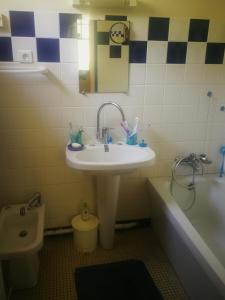 y baño con lavabo, bañera y aseo. en Large family house close to the beach en Les Mathes