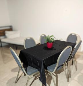 uma mesa preta com cadeiras e um vaso de plantas sobre ela em Dhh for fitters and craftsmen em Rastatt