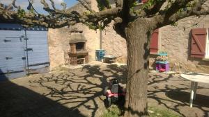 a tree in front of a building with a table at Gite Nyons in Mirabel-aux-Baronnies