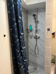 une douche avec rideau de douche bleu et étoiles dans l'établissement Charmant Studio dans maison, à Sarcelles