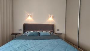 a bedroom with a bed with two blue pillows at NEW J&R Apartment near Girstutis, Free private parking & Self Check-In in Kaunas