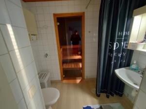 a bathroom with a toilet and a sink and a shower at Viihtyisä kaksio ydinkeskustassa in Lappeenranta