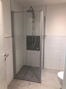 a glass shower in a bathroom with a toilet at Riverside: Messe/Business/FeWo in Leichlingen