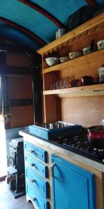 a kitchen with blue cabinets and a stove top oven at Shepherd's hut in nature in Vojnić