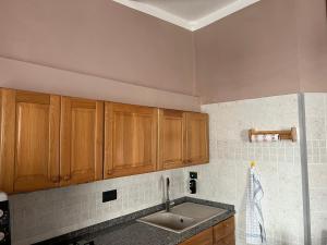 a kitchen with wooden cabinets and a sink at MONOVAPELO in Marina di Campo