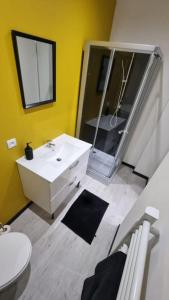een badkamer met een witte wastafel en een spiegel bij Studio Jasmin avec jardin, rénové in Saint-Quentin