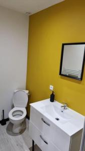 a bathroom with a white toilet and a yellow wall at Studio Jasmin avec jardin, rénové in Saint-Quentin