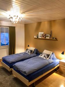 een slaapkamer met 2 bedden en een kroonluchter bij Ferienwohnung am Tor zum Berner Oberland in Steffisburg