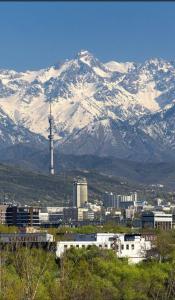 uma vista para uma cidade com montanhas cobertas de neve em Arlan apartments em Almaty