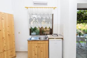 een keuken met een spoelbak en een raam bij Skioni Studios in Nea Skioni