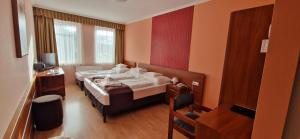 a bedroom with a bed and a desk and a television at Hotel Patonai in Fertőd