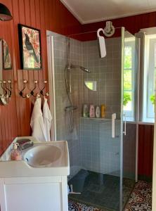 y baño con lavabo y ducha. en Cozy cottage with sea view, en Svenshögen