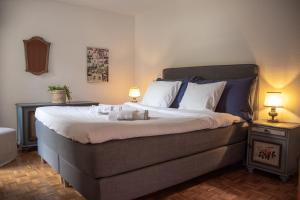 een slaapkamer met een groot bed met 2 lampen bij Mountain View Apartment with Parking & Fast WiFi in Crans-Montana