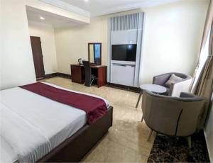 a hotel room with a bed and a chair and a television at Newton Park Hotels Annex in Abuja