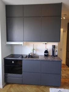 a kitchen with black cabinets and a sink at Stockholm City in Stockholm