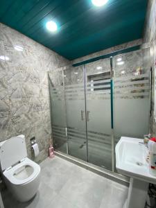 y baño con ducha, aseo y lavamanos. en İvanovka Butik House, en İvanovka