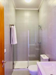 een badkamer met een douche, een toilet en een wastafel bij Ferreira Borges Nomadic Ap. C in Porto