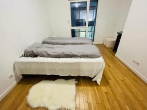 twee bedden in een kamer met een wit tapijt op de vloer bij Dream Dwell Paris-Fantastic modern flat near RER A Paris in Saint-Maur-des-Fossés