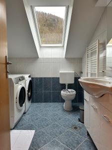 baño con lavadora, aseo y ventana en Apartment Izba Snovik, en Laze v Tuhinju