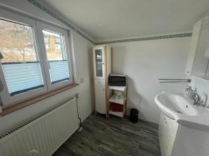 baño con lavabo y ventana en Haus Frey en Altaussee
