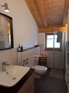 a bathroom with a sink and a toilet and a mirror at Wolke 8 in Bernau am Chiemsee