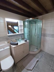 y baño con ducha, aseo y lavamanos. en Domaine de karoli, en Barneville-sur-Seine