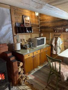 a kitchen with a microwave and a stove at Tiny House in Nattavaara by in Nattavaara