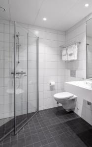 a bathroom with a shower and a toilet and a sink at Basecamp Narvik in Narvik