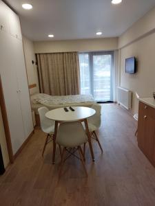 Habitación con mesa, sillas y cama en Bakuriani Inn Apartment #13 en Bakuriani