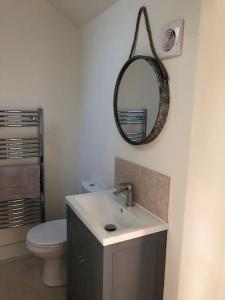 a bathroom with a toilet and a mirror on the wall at The Bike Shed, Near Brill in Aylesbury