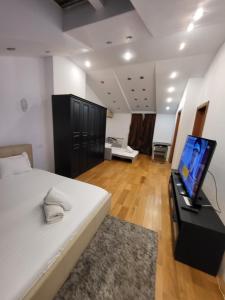 - une chambre avec un lit et une télévision à écran plat dans l'établissement Open Space Spa Apartment Monza National Arena, à Colonişti