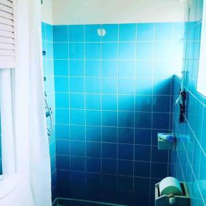 a blue tiled bathroom with a toilet and a shower at COZY HOLIDAY HOME by the sea in Yderby