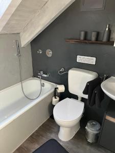 a bathroom with a white toilet and a sink at Ferienwohnung Alex Mayer in Langenargen