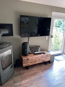 a living room with a television and a wooden coffee table at Ferienhaus Bergwild in Winterberg