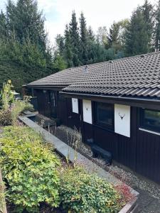 a black house with a black cat sitting in front of it at Ferienhaus Bergwild in Winterberg