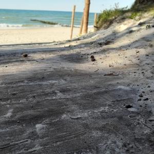 a sandy beach with footprints in the sand and the ocean at Pod Szklaną Wydmą in Chłopy