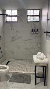 a white tiled bathroom with a toilet and a shower at Dream Stay Studio 2 in Vieux Fort