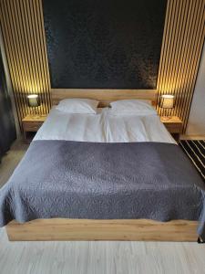 a large bed in a bedroom with two lamps at Willa "Aparthause" E-Apartamenty in Mielec
