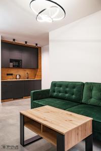 ein Wohnzimmer mit einem grünen Sofa und einem Couchtisch in der Unterkunft Apartamenty Nad Potokiem koło Karpacza in Staniszów